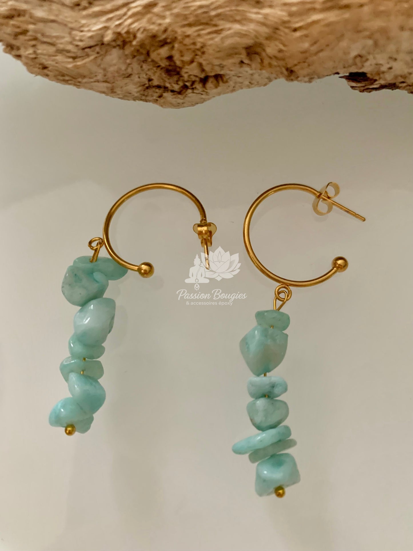 Boucles d’oreilles en pierres naturelles améthyste, turquoise et amazonite