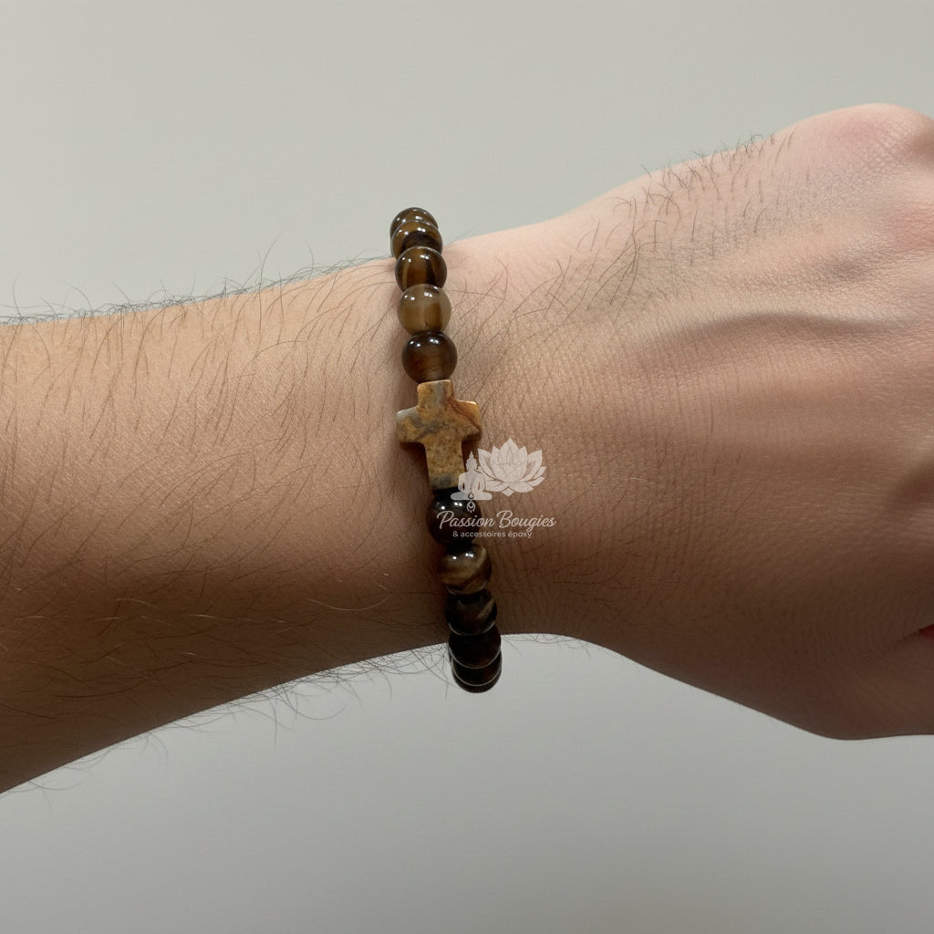 Bracelet agate café, sigle croix