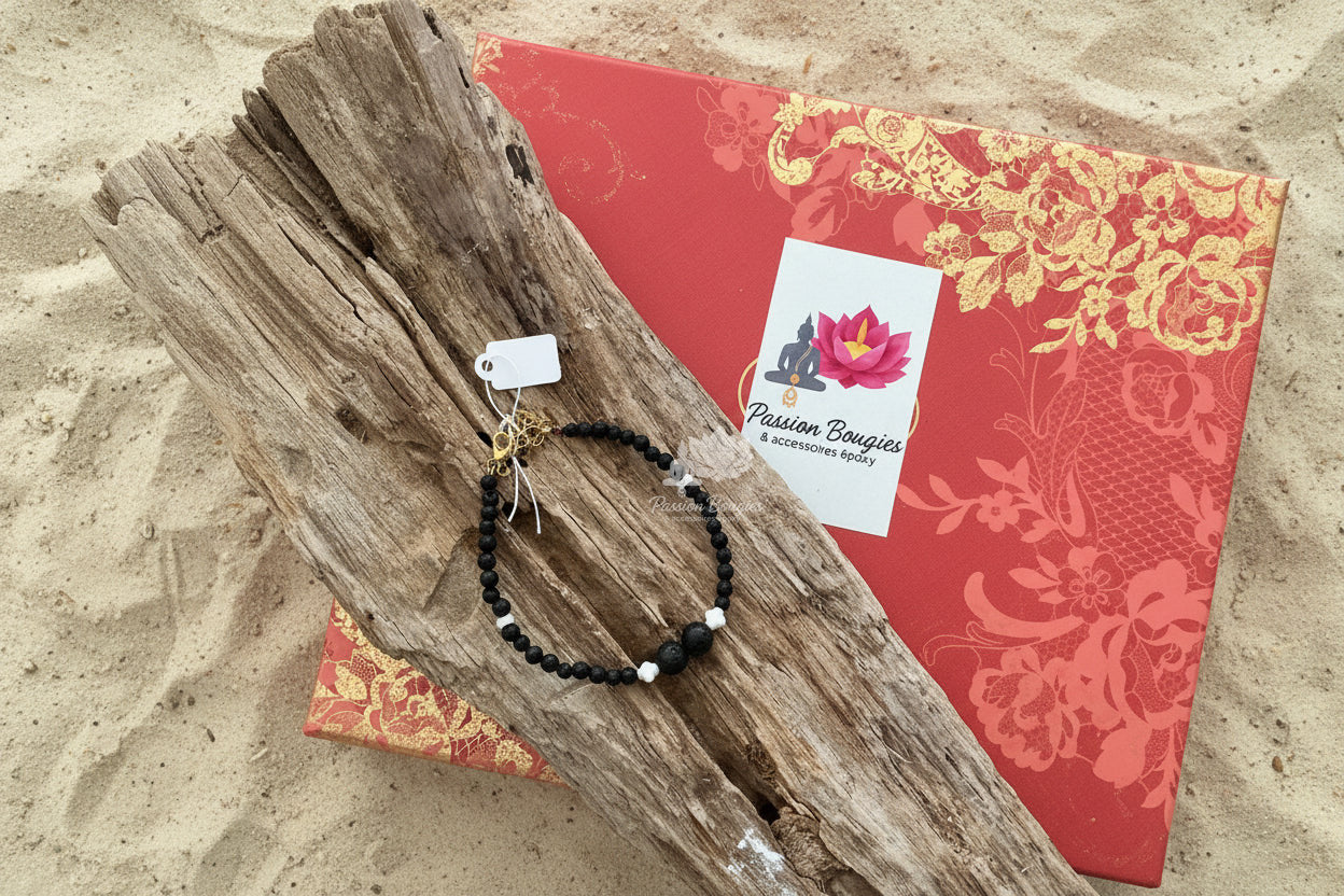 Bracelet homme en pierres volcaniques et nacre de coquillage