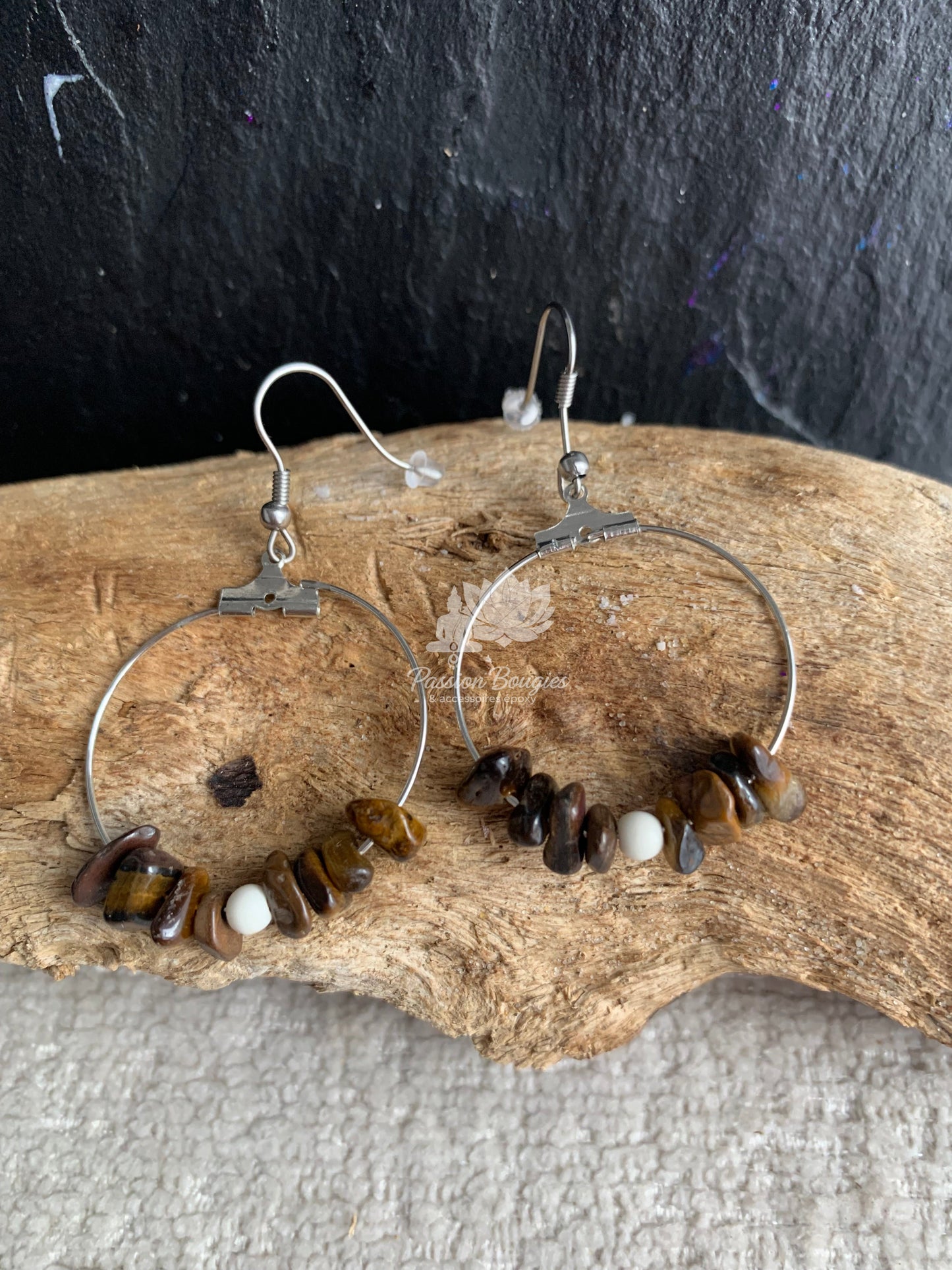 Boucles d’oreilles créoles avec pierres naturelles œil de tigre