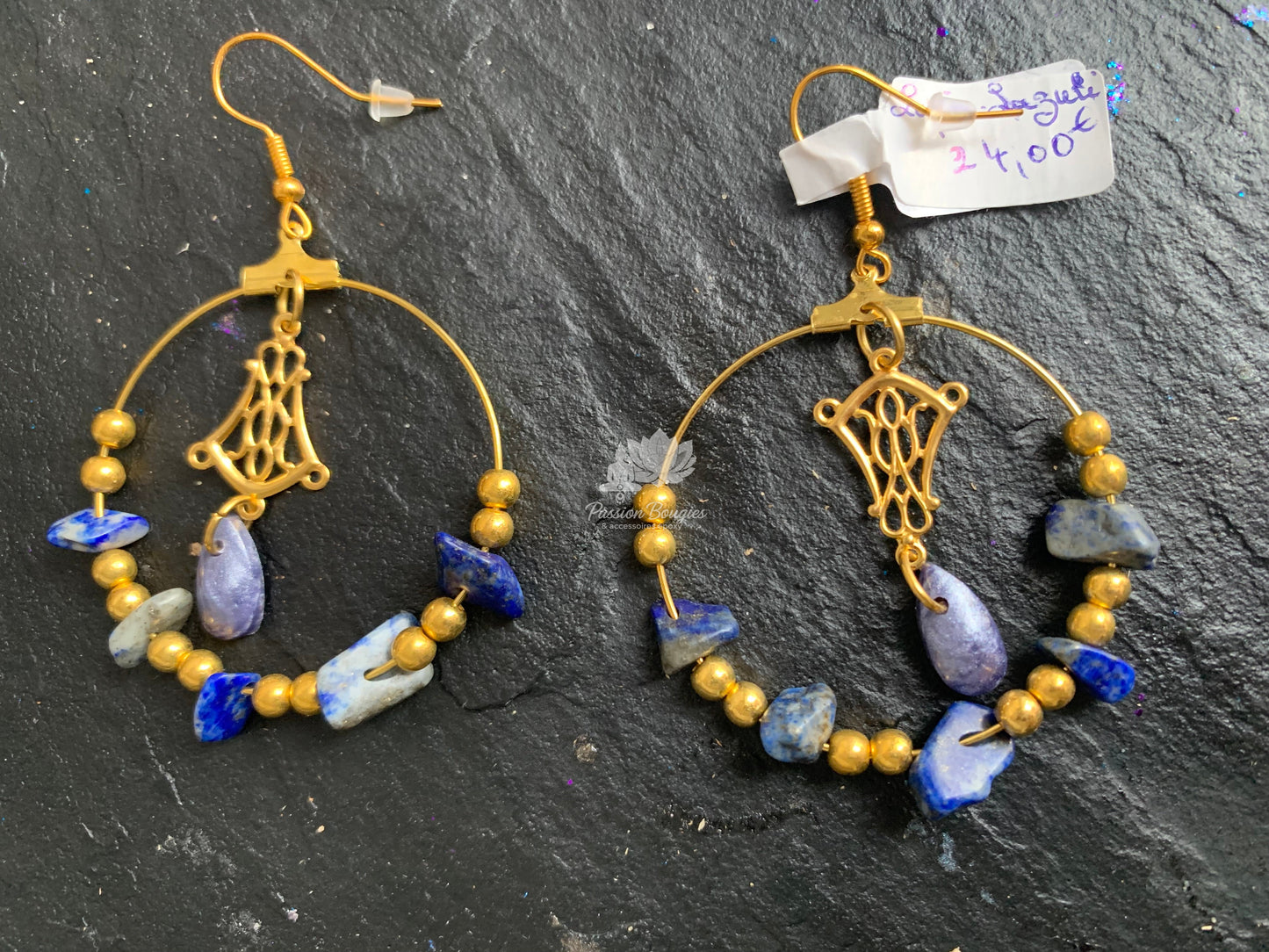 Boucles d’oreilles créoles avec pierres naturelles lapi lazuri