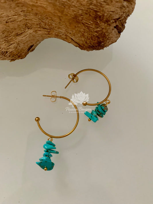 Boucles d’oreilles en pierres naturelles améthyste, turquoise et amazonite