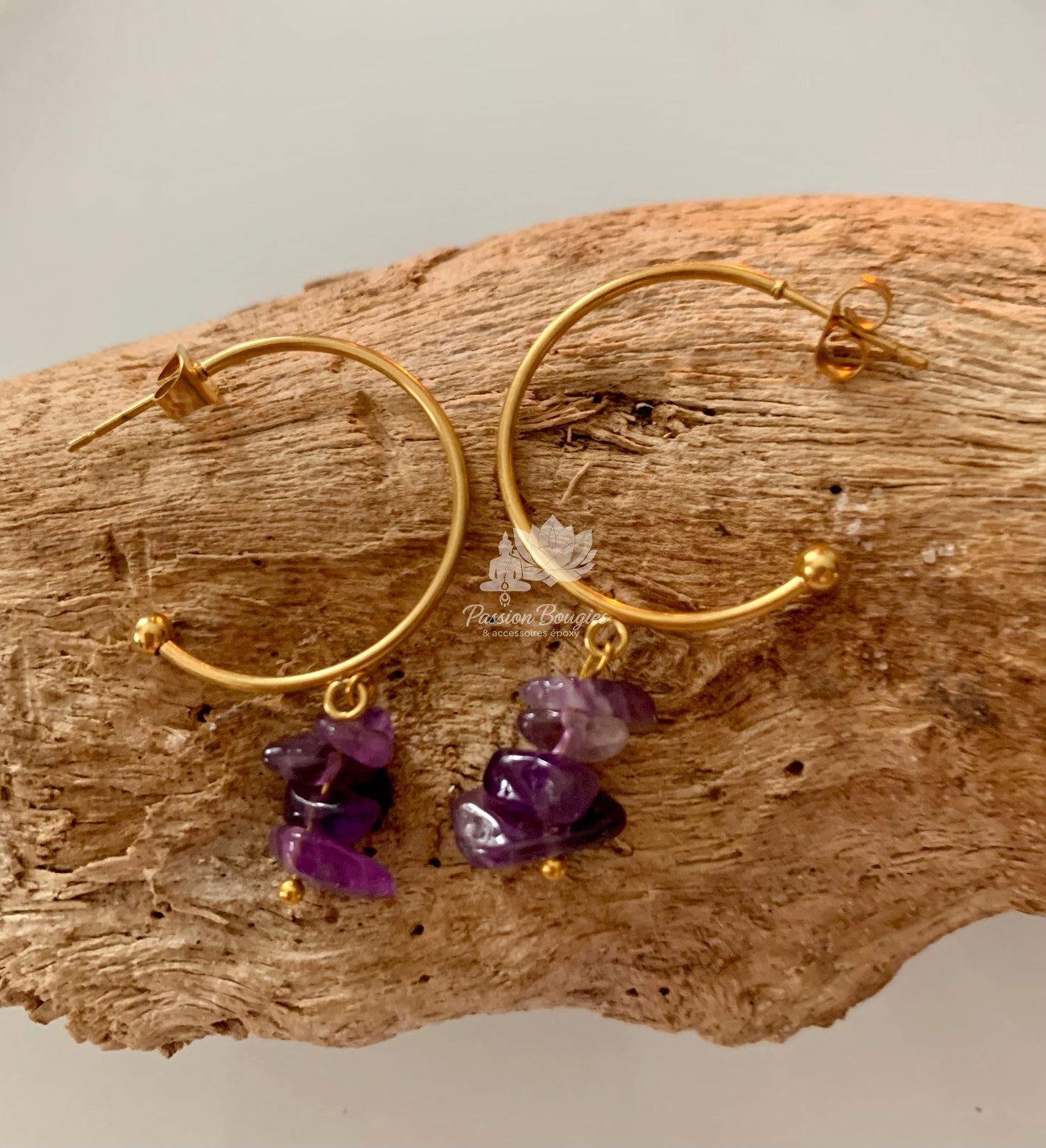 Boucles d’oreilles en pierres naturelles améthyste, turquoise et amazonite