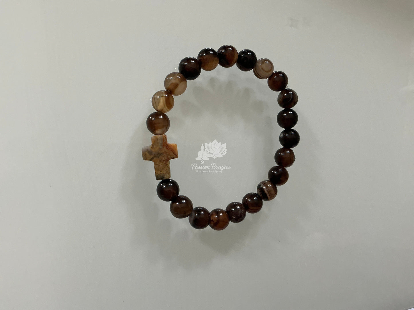 Bracelet agate café, sigle croix