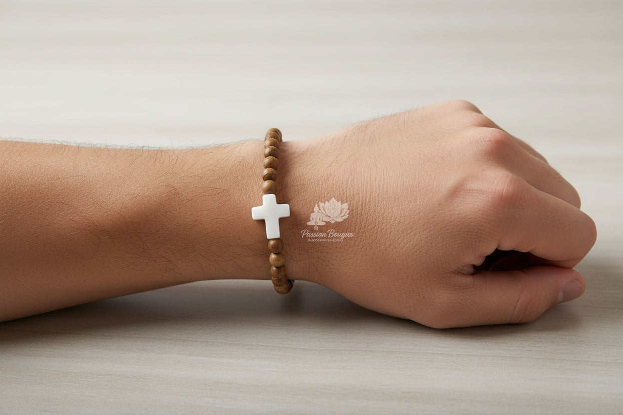 Bracelet jaspe paysage, croix en corail