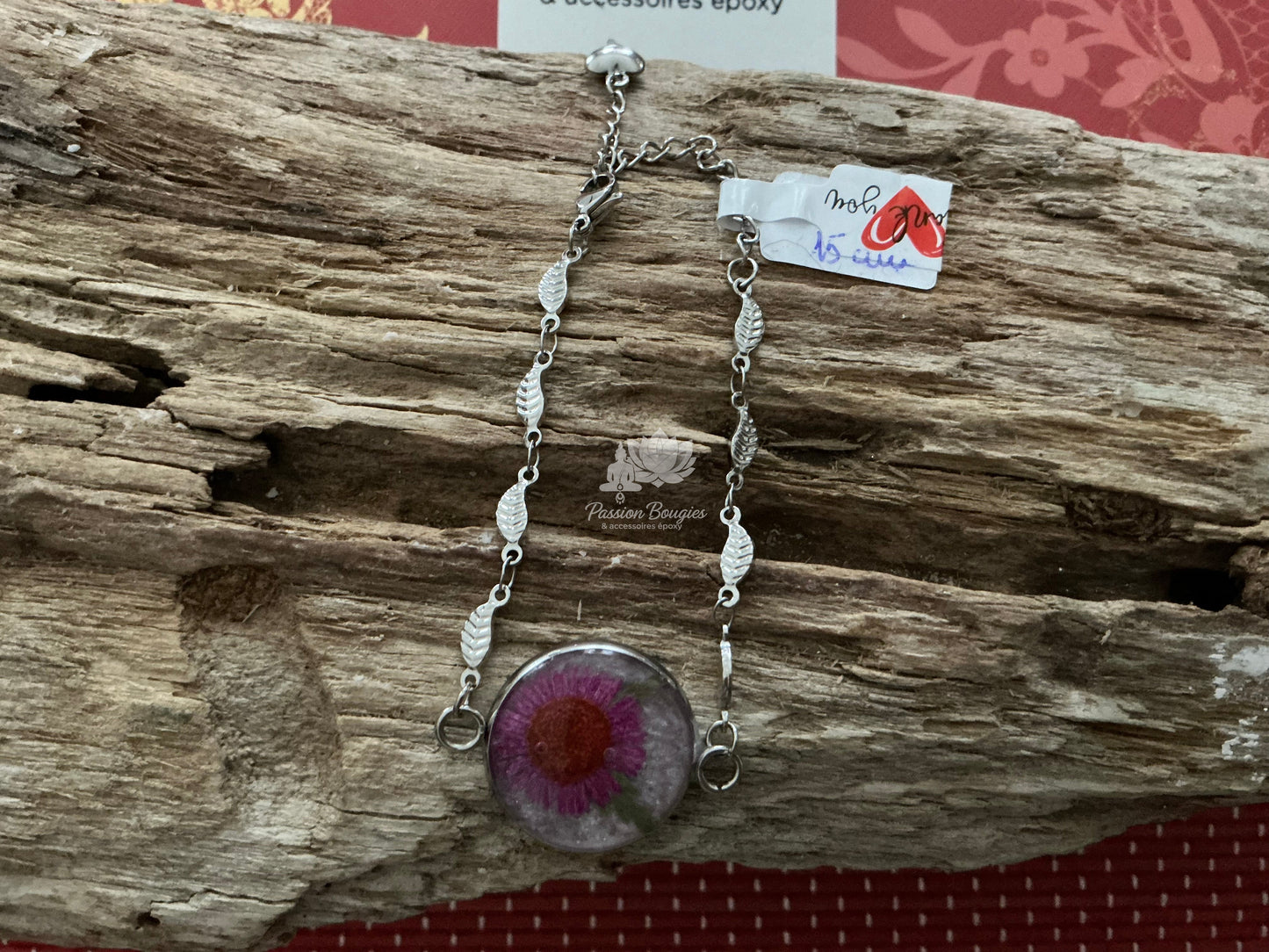 Bracelet  maille feuille - marguerite rose