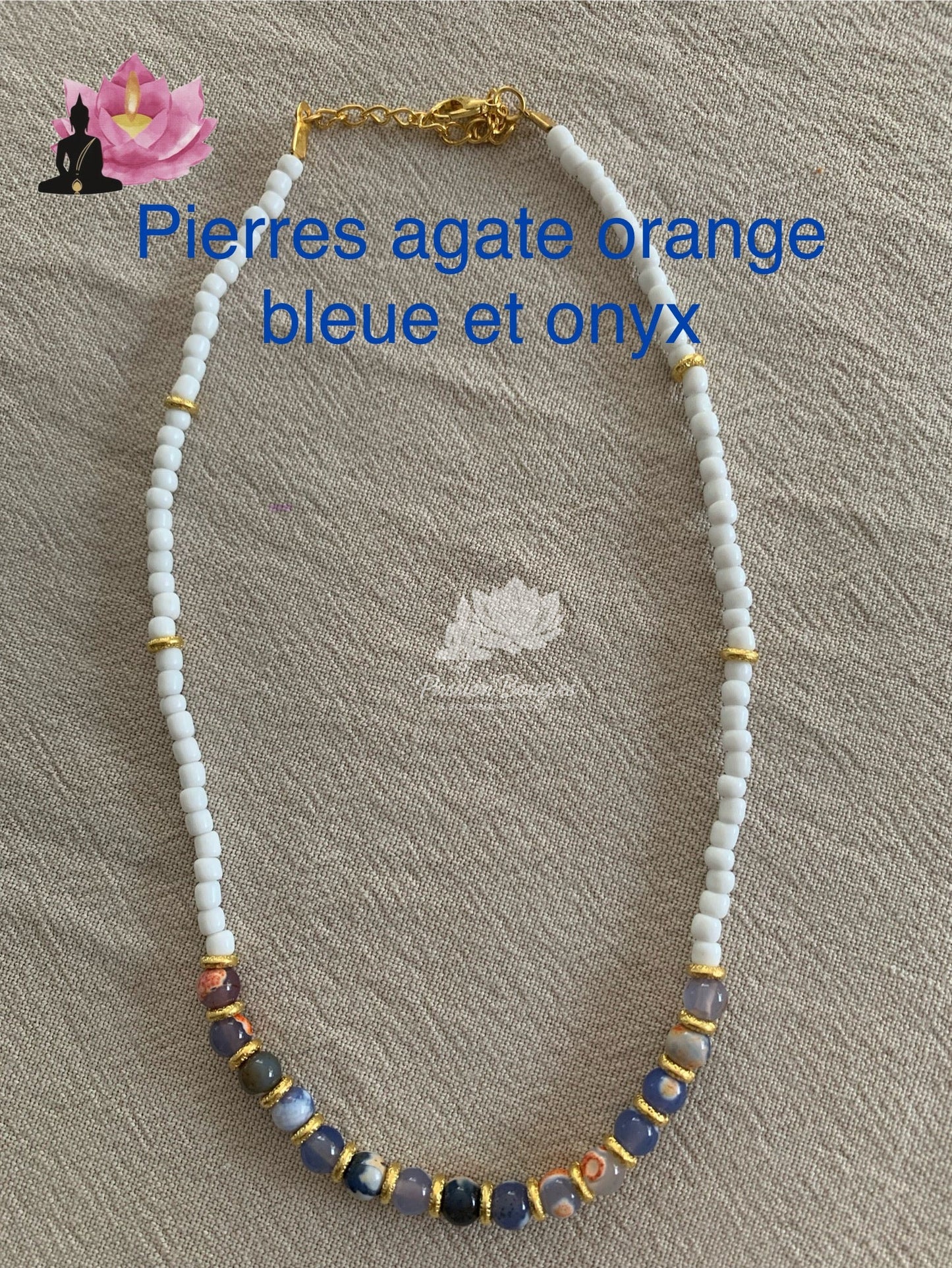 Collier agate orange bleuté et onyx