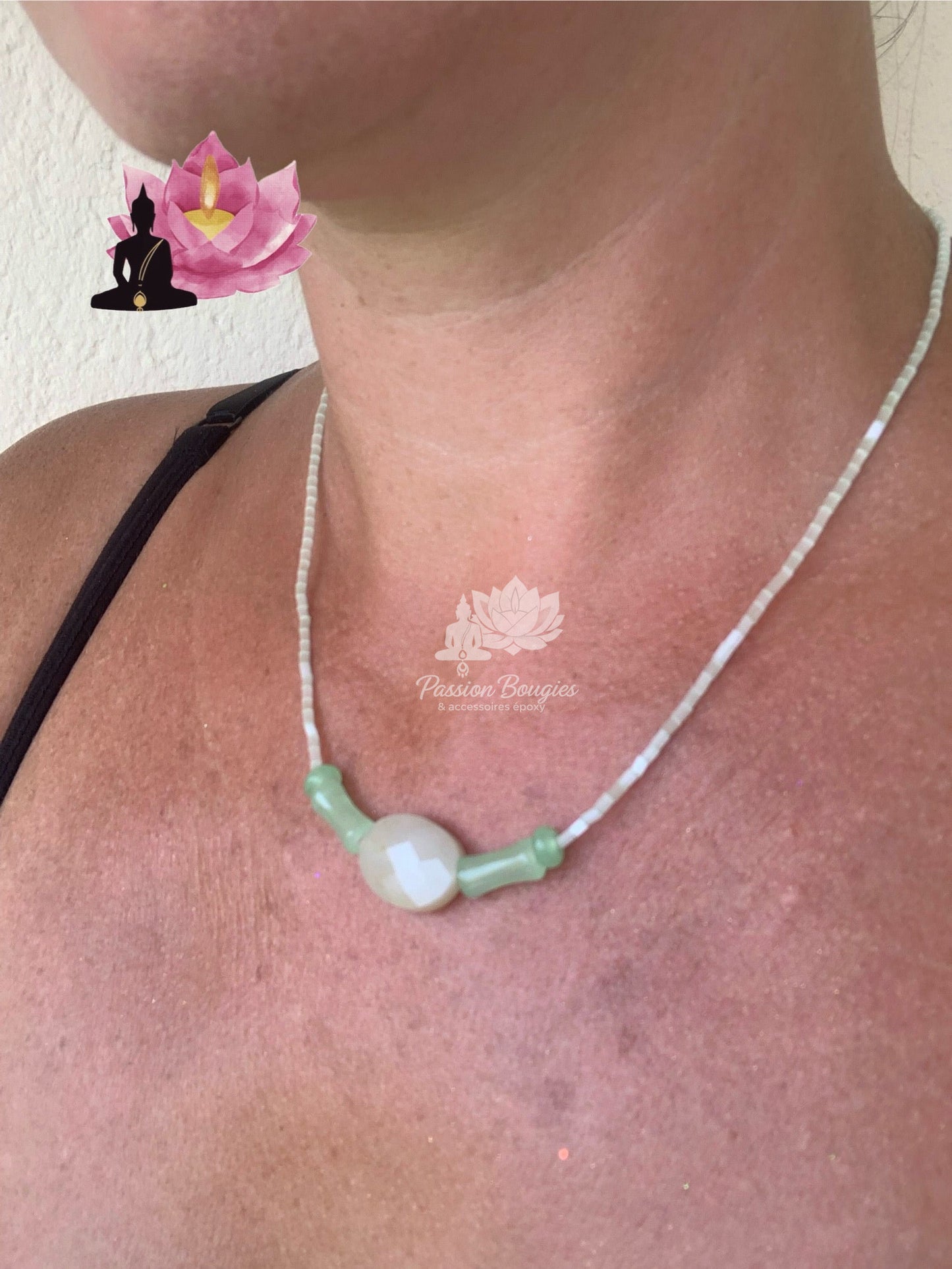 Collier nacré vert jade jaune