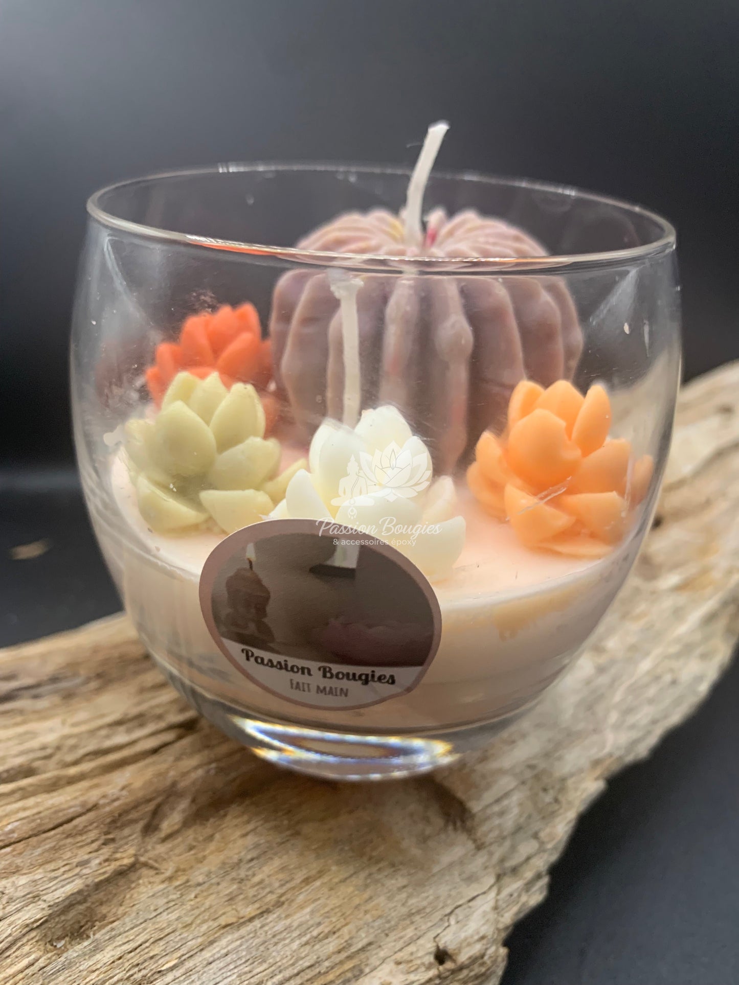 Composition bougie cactus support en verre
